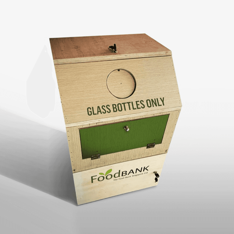 FoodBank glass bottle donation box made from a re-used retail fixture